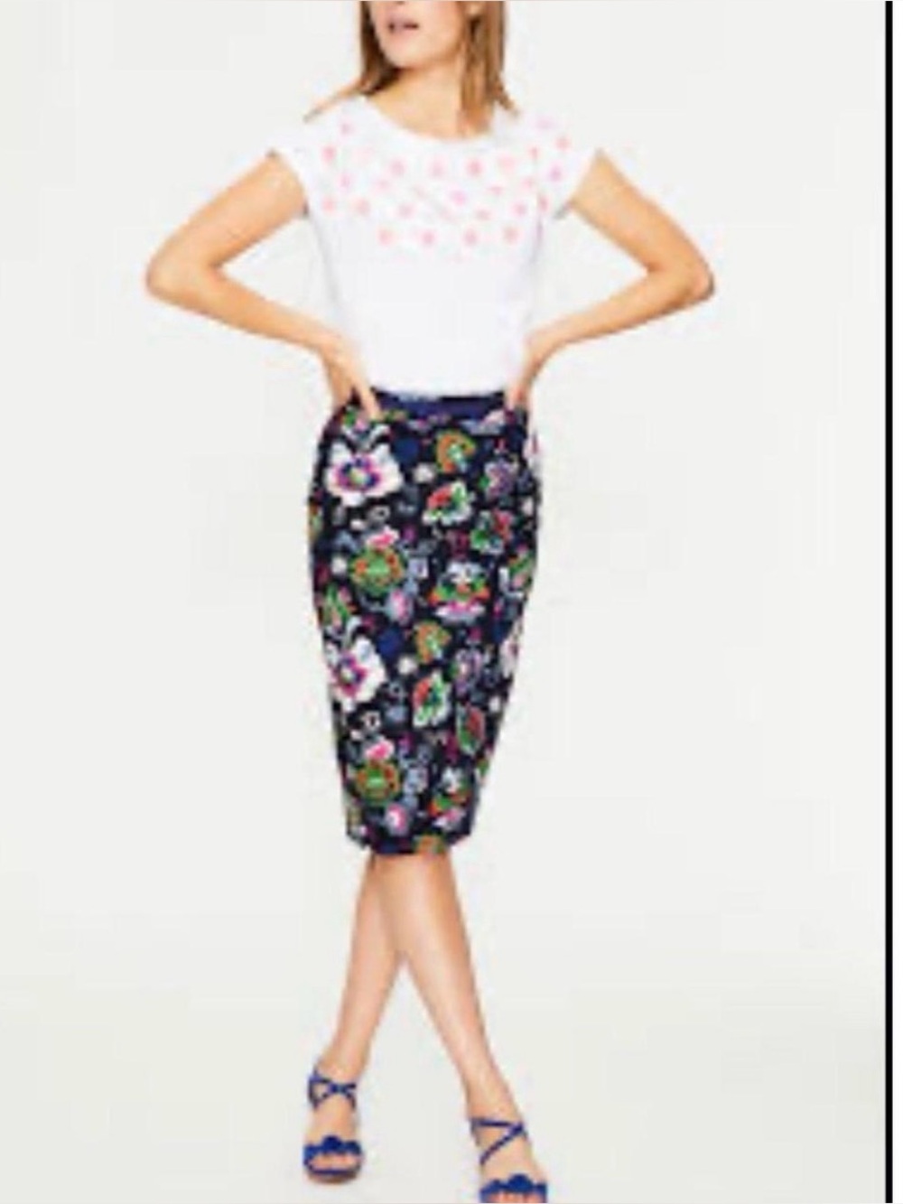 Boden Womens Size 8 R Rainbow Floral Print Cotton Straight Skirt